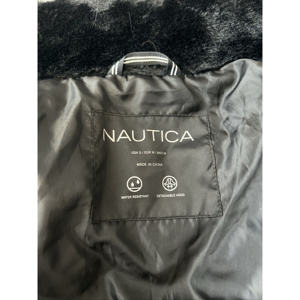 Nautica Black Puffer Jacket Women’s Small Gorpcore Fur Trim Zipper Long Sleeve - Picture 4 of 7